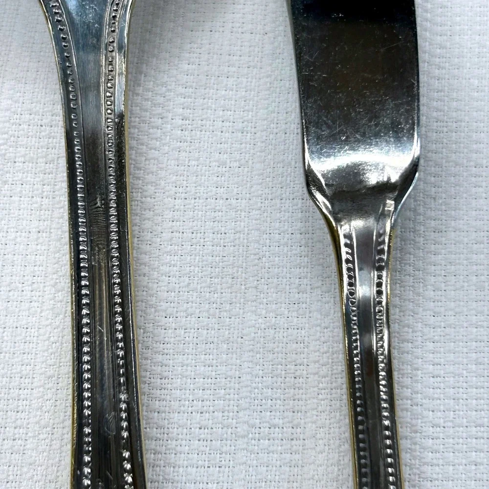 International Silver Royal Bead Gold 4 pc Serving Set Stainless 18/8 Spoons Fork